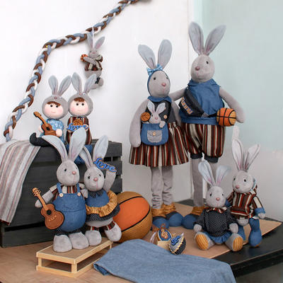 Cowboy Dressing Cute Bunnies Family Bule Color Style Rabbits Plush Stuffed Animals With Basketball